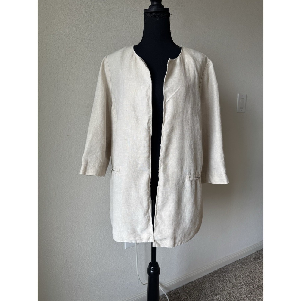 Chicos 100% Linen Open Front Blazer Beige Gold Shimmer Sz 2 L Career Minimalist